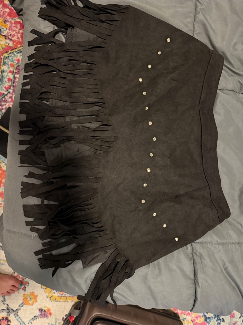 Black Fringe Mini Skirt with Stud Detail - Women